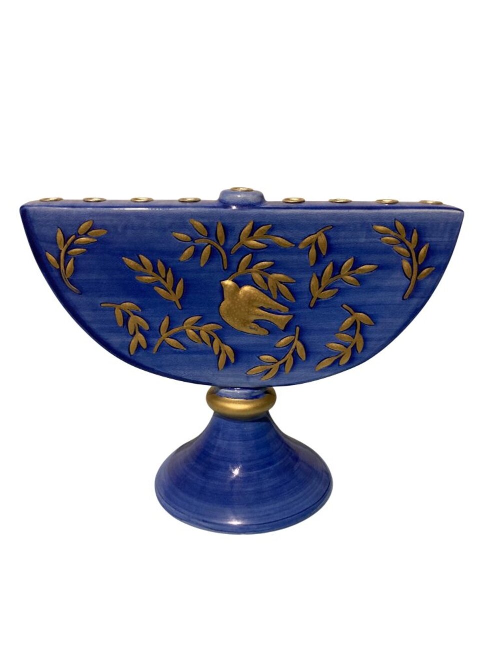 Blue And Gold Ceramic Menorah With Dove And Olive Branch Motif